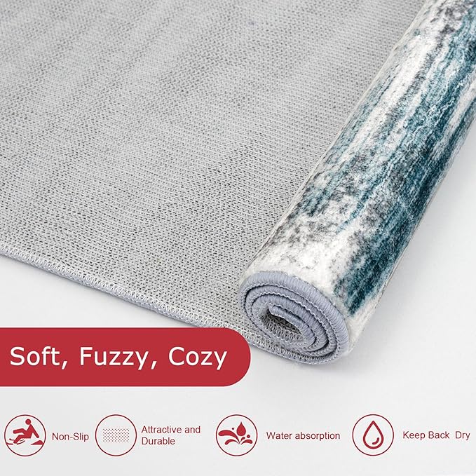 KOZYFLY Runner Rug 3x8 Modern Ombre Runners for Hallways, Washable Rugs for Bedroom Non-Slip Soft Stain Resistant Striped, Print Blue Abstract Carpet for Living/Laundry/Kid Room