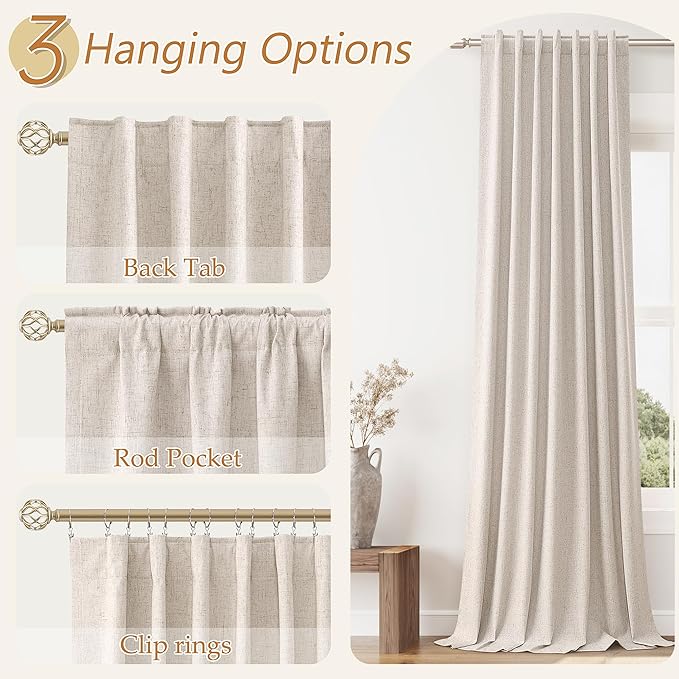 Guken Oatmeal 100% Blackout Curtains 102 Inch Length 2 Panels Set for Living Room Bedroom Back Tab Thermal Insulated Black Out Linen Drapes Room Darkening Window Curtains 102 Inches Long