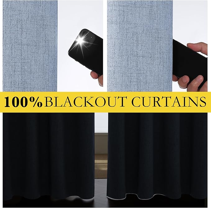 NICETOWN Stone Blue Vintage Linen 100% Blackout Curtains for Living Room, Thermal Insulated Curtains 90" Long, Noise Reducing Window Treatment Drapes for Home Office, 62" Wide Per Panel, Set of 2