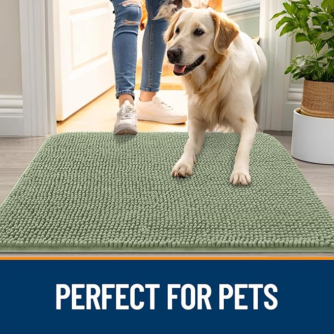 OLANLY Dog Door Mat for Muddy Paws 70x35, Absorbs Moisture and Dirt, Absorbent Non-Slip Washable Doormat, Quick Dry Chenille Mud Mat for Dogs, Entry Indoor Entryway Carpet for Inside Floor, Sage Green
