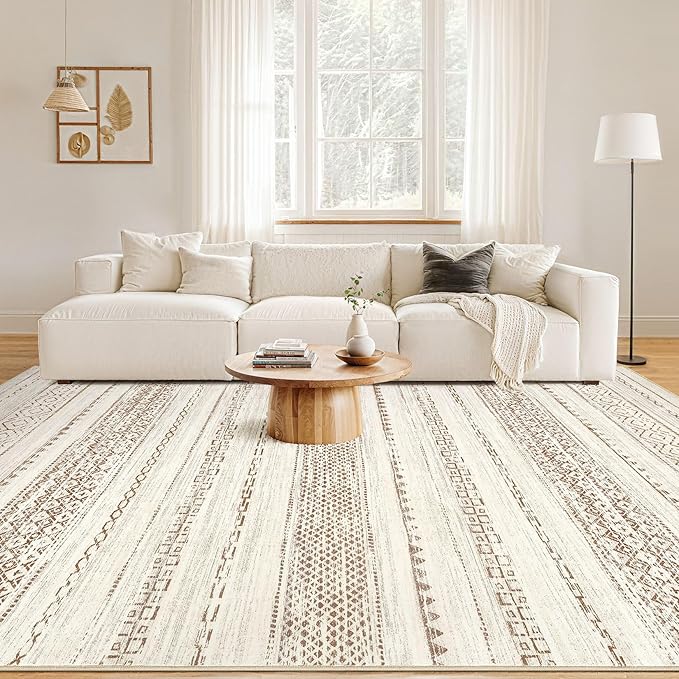 Nakagishi 7x9 Area Rug Living Room: Washable Boho Large Neutral Modern Soft Farmhouse Rugs Stain Resistant Indoor Floor Non-Slip Carpet for Bedroom Nursery Kids Playroom Office Dining Room- Brown