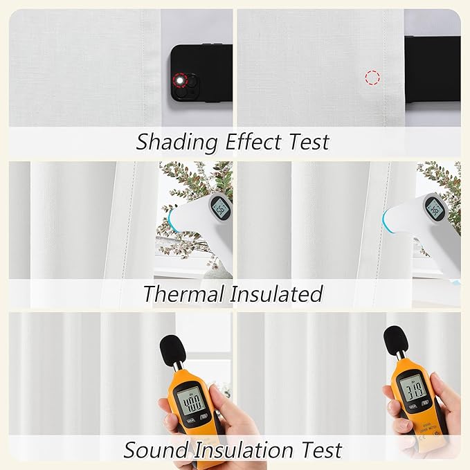 Guken White 100% Blackout Linen Curtains 52 Inch Wide by 114 Inch for Living Room Bedroom Back Tab/Rod Pocket Thermal Insulated Black Out Linen 2 Drapes Room Darkening Window Curtains