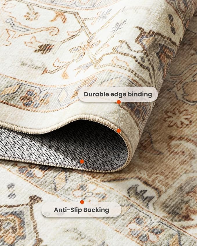 AMADA HOMEFURNISHING Round 4ft Area Rugs, Low-Profile Washable Rug with Non-Slip Backing & Durable Edge Binding, Vintage Rugs for Living Room, Bedroom, Dinning Room