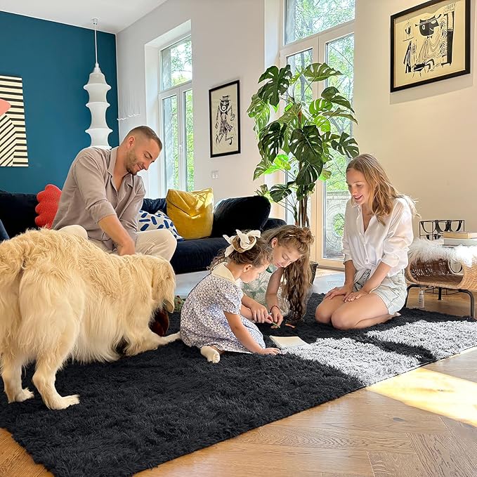 OLANLY 6x7 Area Rugs for Living Room Bedroom, Machine Washable Soft Fluffy Shaggy Bedside Rug, Indoor Floor Carpet for Kids Girls and Boys, Dorms, Nursery Rooms, Home Decor Aesthetic, Black
