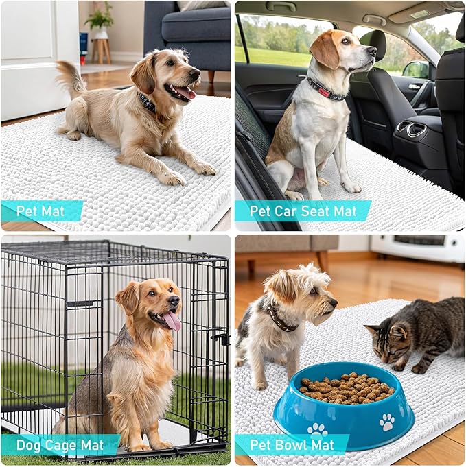 OLANLY Dog Door Mat for Muddy Paws 59x32, Absorbs Moisture and Dirt, Absorbent Non-Slip Washable Doormat, Quick Dry Chenille Mud Mat for Dogs, Entry Indoor Entryway Carpet for Inside Floor, White