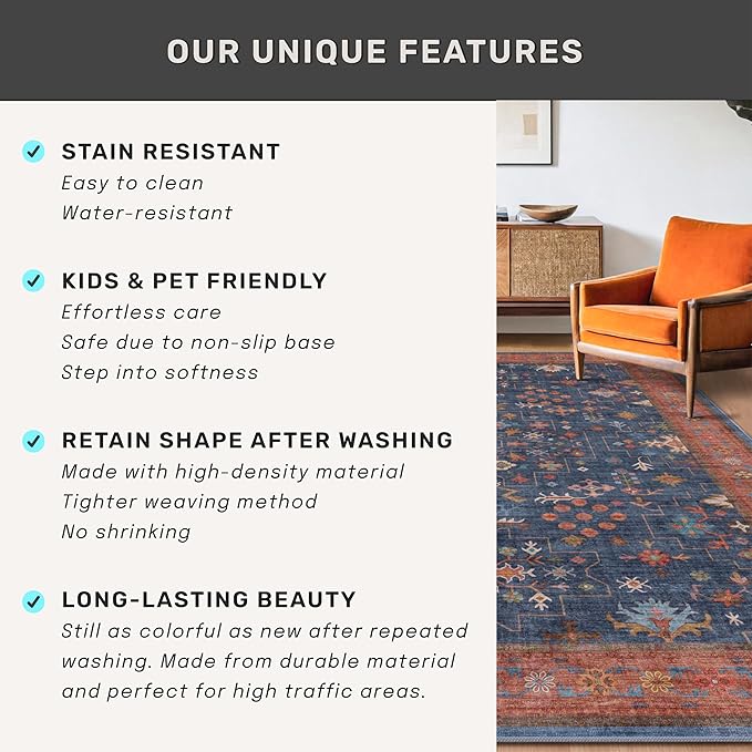 Hazo Haus Dark Blue & Terracotta 5x8 Living Room Rug - Machine Washable Area Rugs for Bedroom, Dining Room, Kitchen Floor, Small Office, Low Pile Non-Slip Rubber Backing & Stain Resistance