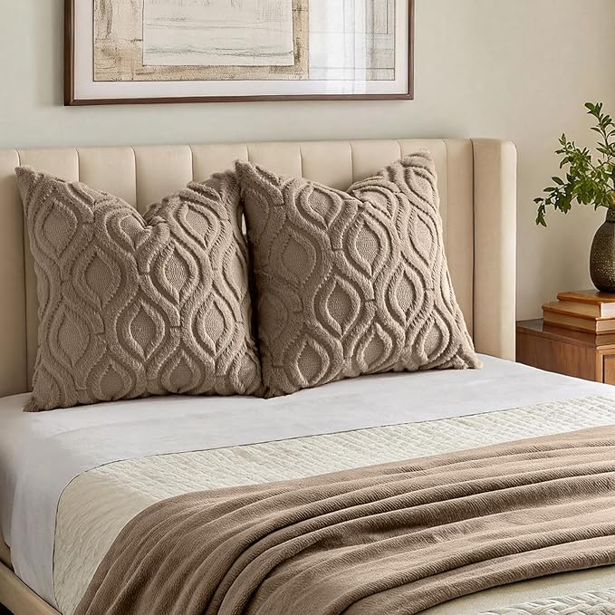 decorUhome Throw Pillow Covers 24x24 Inch Set of 2, Soft Plush Faux Wool Light Brown Solid Couch Pillow Covers, Accent Euro Sham Farmhouse Neutral Square Pillow Cases for Sofa Bed Living Room