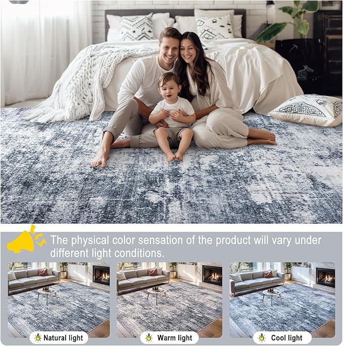 Area Rugs Living Room Rug - 5x7 Washable Modern Abstract Soft Neutral Non-Slip Carpet Large Indoor Floor Thin Carpets for Bedroom Dining Room Farmhouse Nursery Home Office Grey Blue