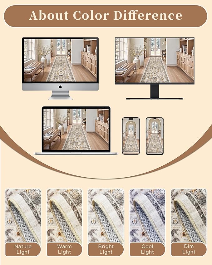 Madane Runner Rug 2'6''x8' Kitchen Runner, Hallway Runner Printed Vintage Washable Rugs Soft Non-Slip Low Pile 2.5x8 ft Runners for Hallways Laundry Room Rug Distressed Rug, Brown/Gold