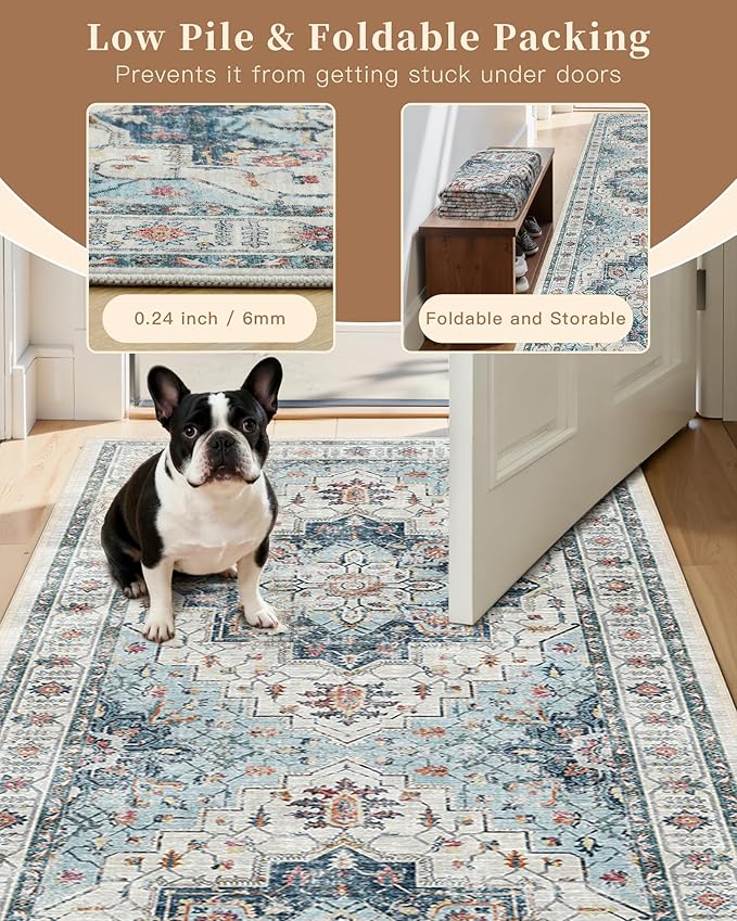 Madane Washable Entry Rug 3x4, Area Rugs for Entryway Kitchen Bathroom Door Mat Indoor Entrance, Vintage Floral Print Office Runner with Non Slip Rubber Backing, Blue