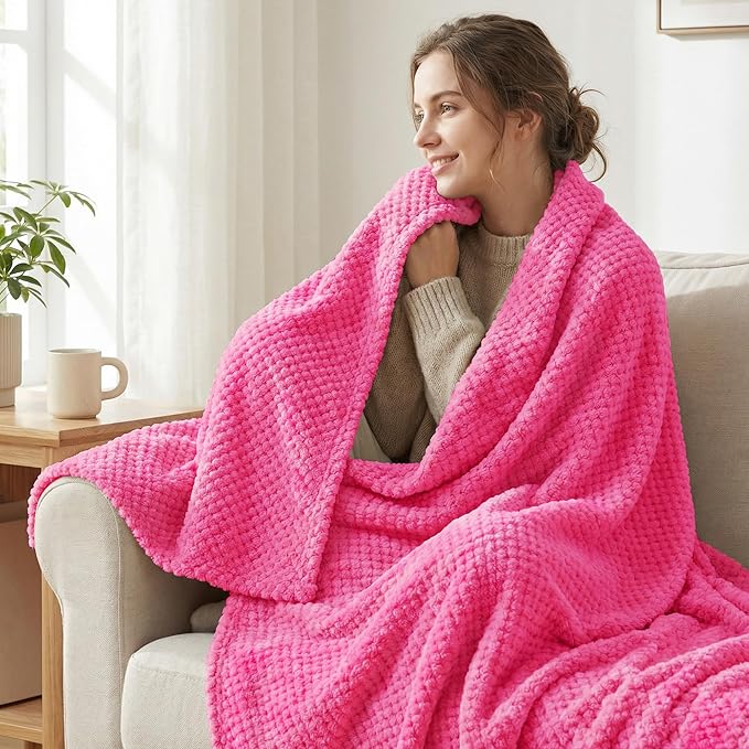 Exclusivo Mezcla Fleece Bed Blanket King Size, Super Soft and Warm Blankets for Couch, Sofa and Bed Waffle Textured, Cozy, Fuzzy and Lightweight (Hot Pink, 90x104 Inches)