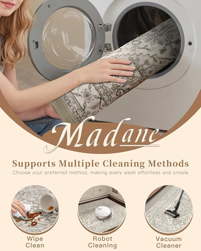 Madane Hallway Runner Rug 3x6 - Washable Kitchen Rugs Entryway Rug Runner Vintage Soft Floor Mat Non Slip Indoor Farmhouse Carpet for Bathroom Living Room Bedroom (3 X 6, Beige/Brown)
