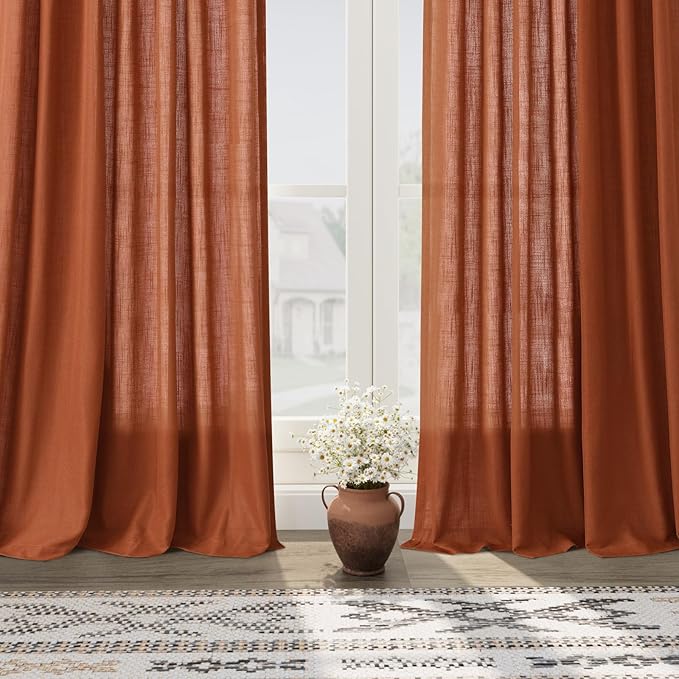 Terracotta Linen Curtains 102 Inches Long for Living Room 2 Panel Set Back Tab Rod Pocket Semi Sheer Curtains Light Filtering Burlap Extra Long Drapes Farmhouse Decor for High Window 40x102 Inch