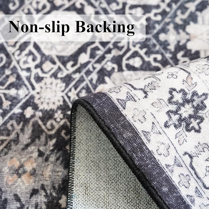 Washable 3x4 Entryway Area Rugs: Ultra Soft Low Pile Carpet for Kitchen Nursery Indoor Light-Weight Doormat Anti-Slip Thin Entry Rug for Living Room Bedroom Small Vintage Floor Mat(3x4,Black)