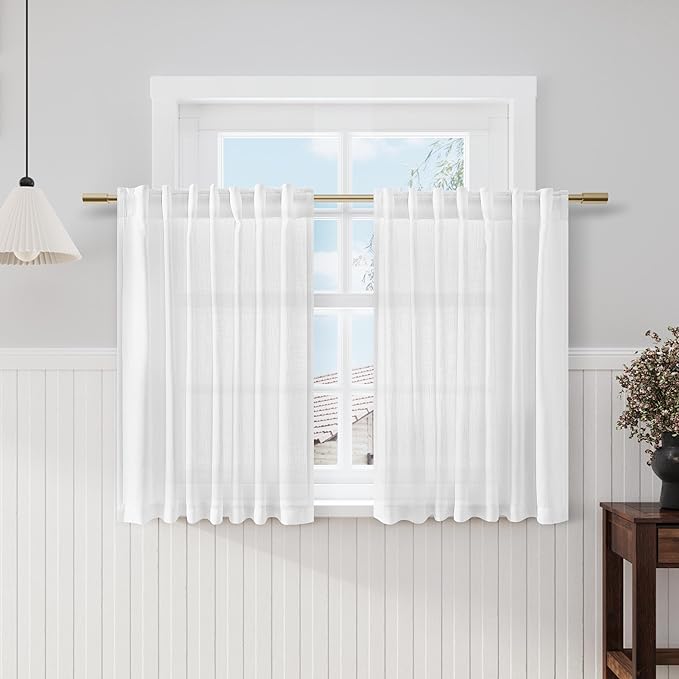 Nanspring White Linen Curtains 47 Inch Length 2 Panels Set Light Filtering Back Tab Rod Pocket Curtains Privacy Semi Sheer Curtains Boho Farmhouse Living Room Drapes 47 Inches Long 52x47