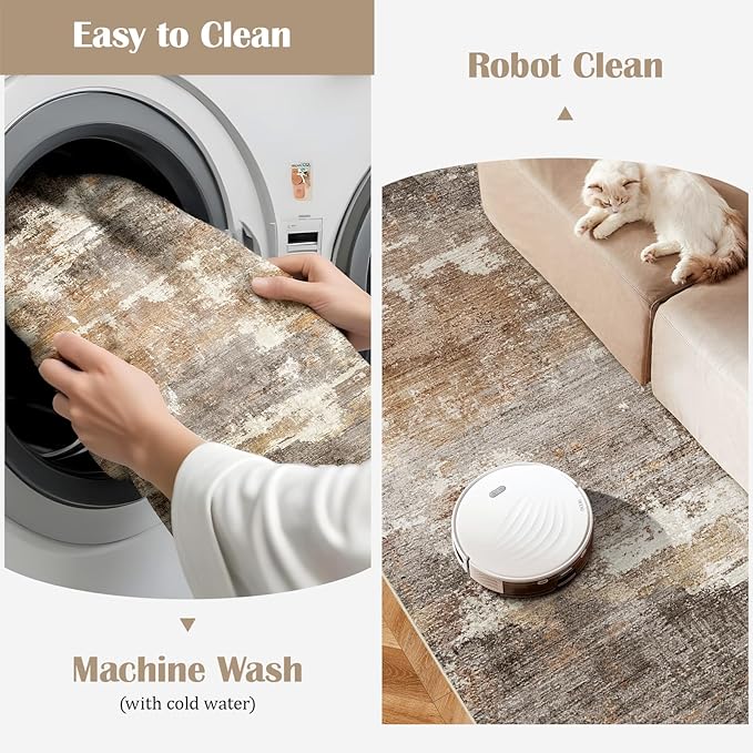 3x15 Washable Kitchen Runner Rug: Modern Abstract Runners for Hallway Soft Non Slip Rugs with Rubber Backing Low Pile Thin Waterproof Floor Carpet for Entryway Bedroom Bathroom Indoor 3x15 Brown/Brick