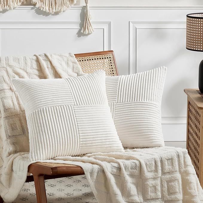 Fancy Homi 2 Packs Cream White Decorative Throw Pillow Covers 22x22 Inch for Living Room Couch Bed, Rustic Farmhouse Boho Home Decor, Soft Corss Corduroy Patchwork Accent Square Cushion Case 55x55 cm