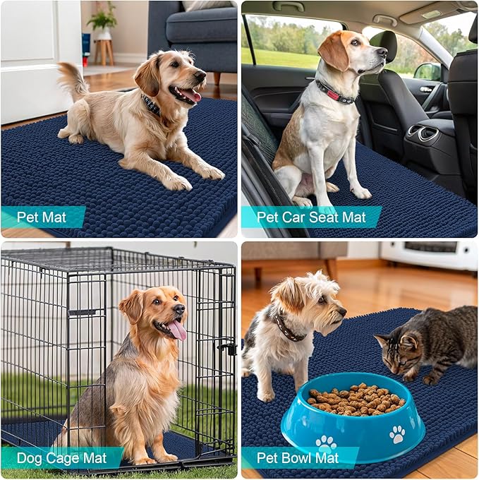 OLANLY Dog Door Mat for Muddy Paws 48x30, Absorbs Moisture and Dirt, Absorbent Non-Slip Washable Doormat, Quick Dry Chenille Mud Mat for Dogs, Entry Indoor Entryway Carpet for Inside Floor, Dark Blue