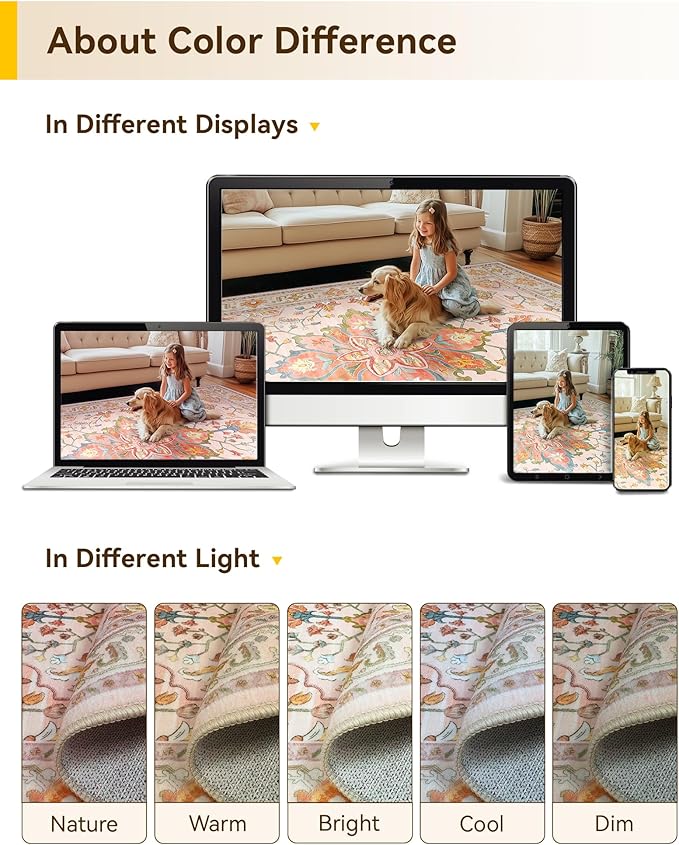 Area Rugs 3'x5' Washable Non-Slip, Floral Vintage Distress Print Pattern Medallion Carpet for Living Room Bedroom Dining Room, Light Pink Colorful