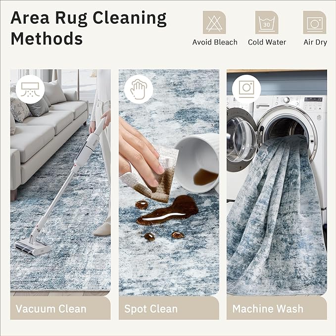 3x4 Rug, Small Area Rug for Kitchen, Entryway, Machine Washable Non-Slip Throw Rug, Vintage Carpet for Nursery Coffee Table Blue/Grey