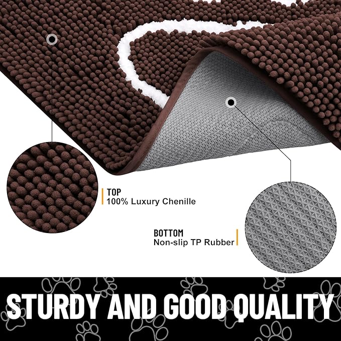 Smiry Dog Door Mat for Muddy Paws, Absorbent Dirt Trapper Non Slip Quick Dry Washable Chenille Mat for Mud Dogs, Entry Rug for Indoor and Outdoor (47x24 Inches, Brown and White)