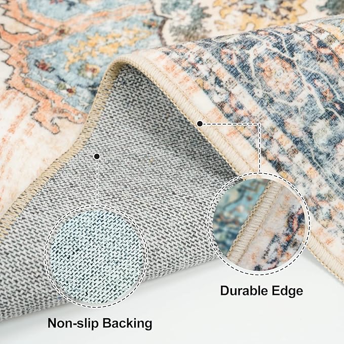 Washable Hallway 4x8 Runner Rug: Non-Slip Hallway Runner Rug Stain Resistant Durable Soft Kitchen Rugs Low Pile Thin Indoor Carpet for Living Room Bedroom Bathroom (Blue, 4X8)