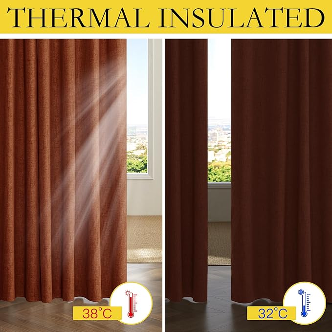 NICETOWN 100% Absolutely Blackout Linen Curtains with Thermal Insulated Liner, 52" Wide, 2 Panels, 90" Long Drapes, Grommet Retro Burnt Orange Linen Curtains Vertical Drapes Privacy for Bedroom
