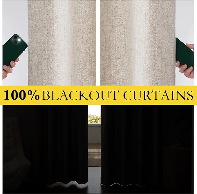 NICETOWN Farmhouse Style Keep Warm Large Window Draperies 108 inches Length with Thermal Insulated Liners, 2 Panels, 52" W, Full Blackout Oatmeal Linen Curtains for Sliding Glass Door
