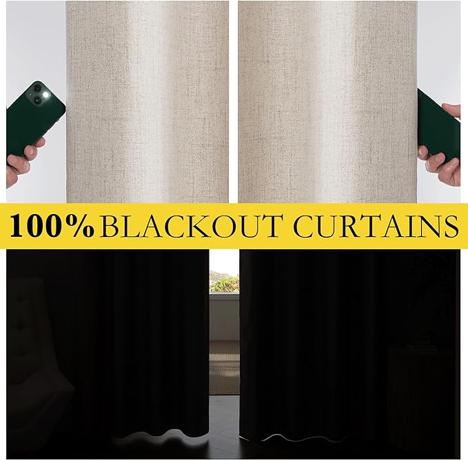 NICETOWN Oatmeal Vintage Open Linen Weave Flax Thermal Curtains, 100% Blackout Curtains 120" Long for Dining Room, Soundproof Window Treatment Drapes for Home Office, 62" Wide Per Panel, Set of 2