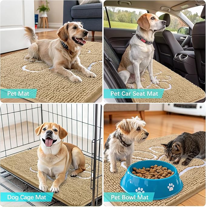 OLANLY Dog Door Mat for Muddy Paws 70x35, Paw Print Design, Absorbs Moisture and Dirt, Absorbent Non-Slip Washable Doormat, Quick Dry Chenille Mud Mat for Dogs, Entry Indoor Entryway Carpet, Beige