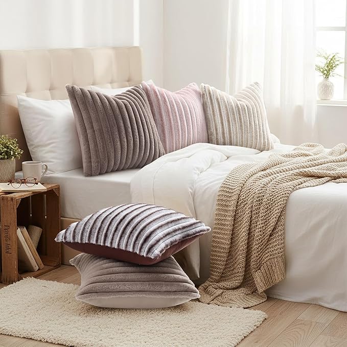 decorUhome Cozy Faux Fur Throw Pillow Covers 26x26 Set of 2 Decorative Soft Plush Striped Modern Farmhouse Boho Couch Euro Sham Pillow Cases with Velvet Back for Sofa Bed Living Room, Tan