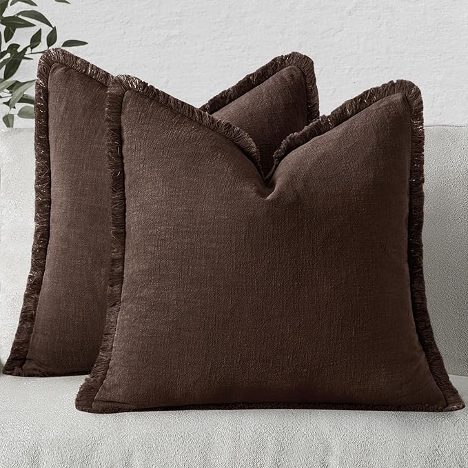 MIULEE Decorative Throw Pillow Covers Neutral Linen Fringe Throw Pillows Euro Shams Set of 2 Dark Brown Boho Farmhouse Cushion Covers for Couch Sofa Bed Living Room Spring Home Decor 22x22 Inch