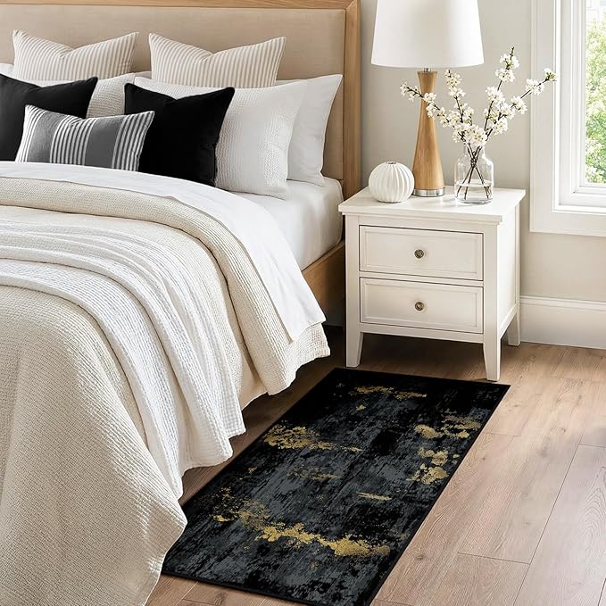 Washable Area Rugs 2'x4' Non-Slip Modern Abstract Soft for Living Room Entryway Bedroom Nursery, Print Pattern, Dark Black Gold