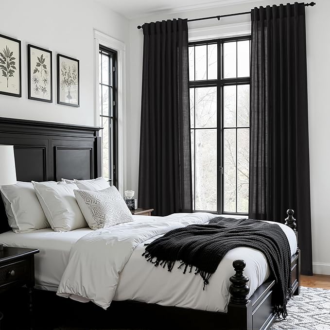 Vintage Black Linen Curtains 108 Inches Long for Living Room Light Filtering Semi Sheer Curtain Back Tab Floor to Ceiling High Window Gothic Vintage Decor Drapes for Bedroom Office 52x108,2 Panels