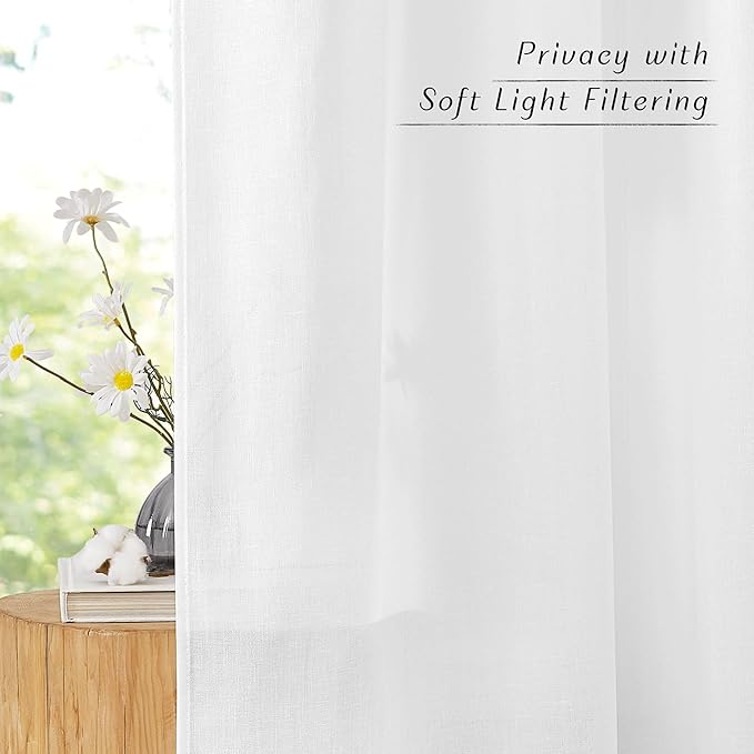 NICETOWN White Linen Kitchen Window Curtains Over Sink, Grommet Thick Linen White Short Window Treatments Privacy Assured with Light Filtering for Bedroom/Bathroom, W34 x L36, 2 Panels