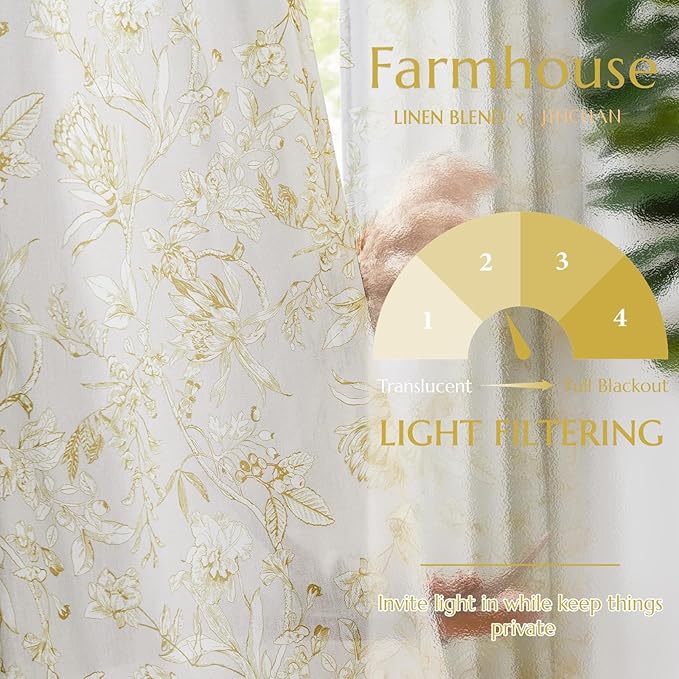 jinchan Floral Curtains 90 Inch Length Mustard Yellow Flower Linen Farmhouse Curtain for Living Room French Country Vintage Curtain Rod Pocket Curtains Set 2 Panels Floral Printed