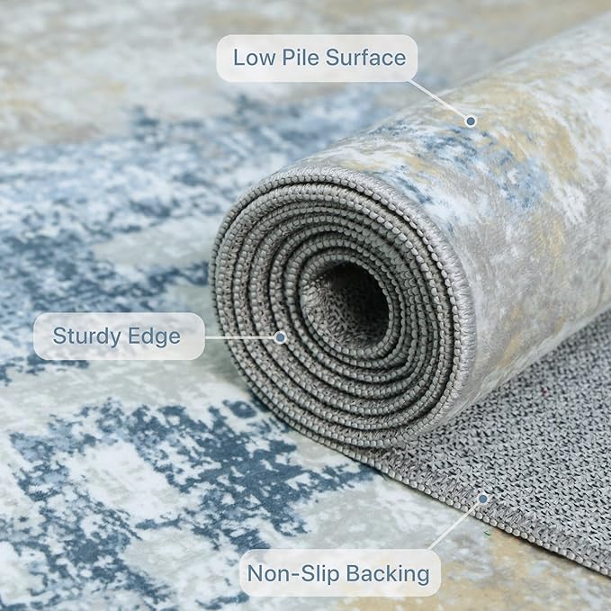 Runner Rug for Hallway Kitchen 2x6 Machine Washable Runners Rug for Entryway, Blue Cream Soft Modern Abstract Throw Rugs, Floor Carpet with Non Slip Rubber Backing