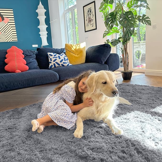 OLANLY 4x4 Machine Washable Accent Rug, Soft Fluffy Shaggy Area Rug for Bedroom, Living Room, Indoor Floor Carpet for Kids, Nursery, Home Decor, Light Grey