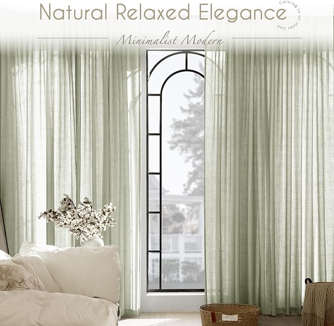 Linen Blend Sage Green Curtains 96 inch Length 2 Panels for Bedroom Back Tab Light Filtering Semi Sheer Drapes Linen Cotton Textured Light Green Airy Modern Farmhouse Living Room Sage Aesthetic Decor