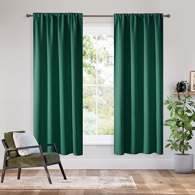 RYB HOME Bedroom Blackout Curtains 63 inches Long, 100% Blackout Thermal Insulated Noise Reducing Curtains for Living Room Nursury, 62 inches Wide by 63 inches Long, Dark Green