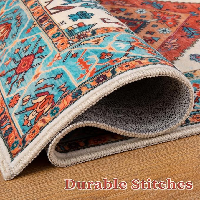SERISSA Boho Round Area Rug, 4ft Washable Non-Slip Circle Rug, Ultra Soft Oriental Vintage Orange Low-Pile Small Circular Carpet for Bedroom Entryway Kids Room Office College Dorm Living Room