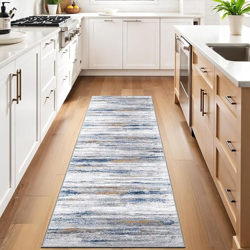 2'6''x10' Washable Runner Rugs for Hallway: Easy-to-Clean Abstract Runners for Entryway Bedroom - Stain and Water Resistant Rugs with Non-Slip Backing - Soft Low-Pile Carpet Navy Grey