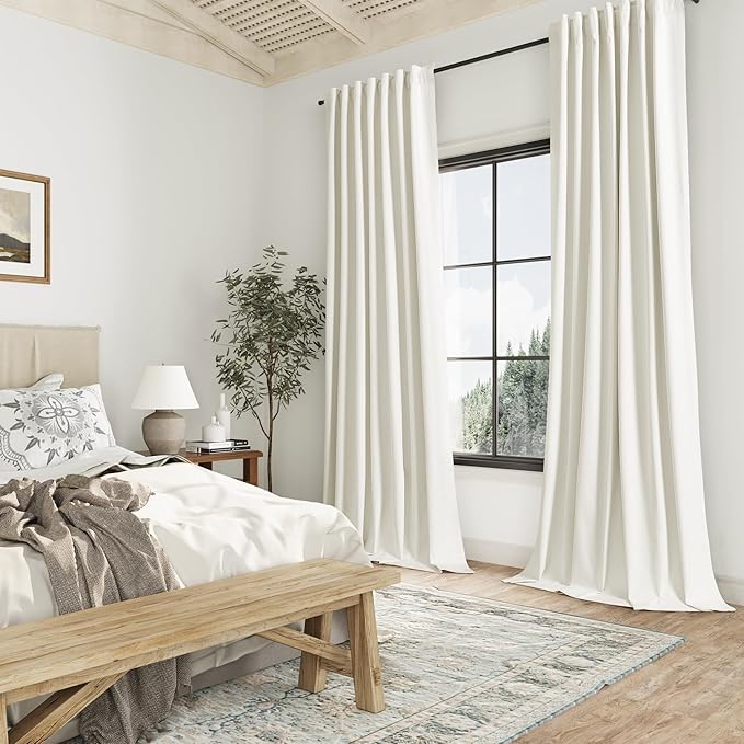 Guken Ivory Linen 100% Blackout Curtains 90 Inch Length 2 Panels Set for Living Room Bedroom Back Tab Thermal Insulated Black Out Linen Drapes Room Darkening Window Curtains 40 Inches Wide