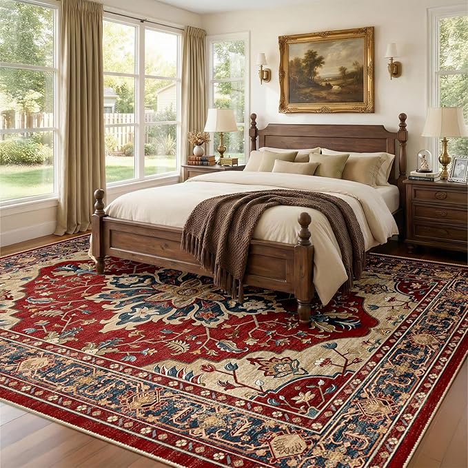 RELEANY Area Rugs 8'x10' Washable Non-Slip, Floral Vintage Distress Print Pattern Medallion Carpet for Living Room Bedroom Dining Room, Red Blue