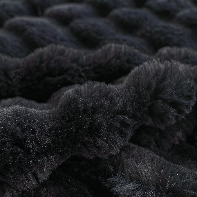 COOVA Faux Fur Throw Blanket for Couch, Cozy Soft and Fuzzy Plush Rabbit Fur Bubble Blanket for Sofa Bedroom Living Room, 50x60 Inches Black