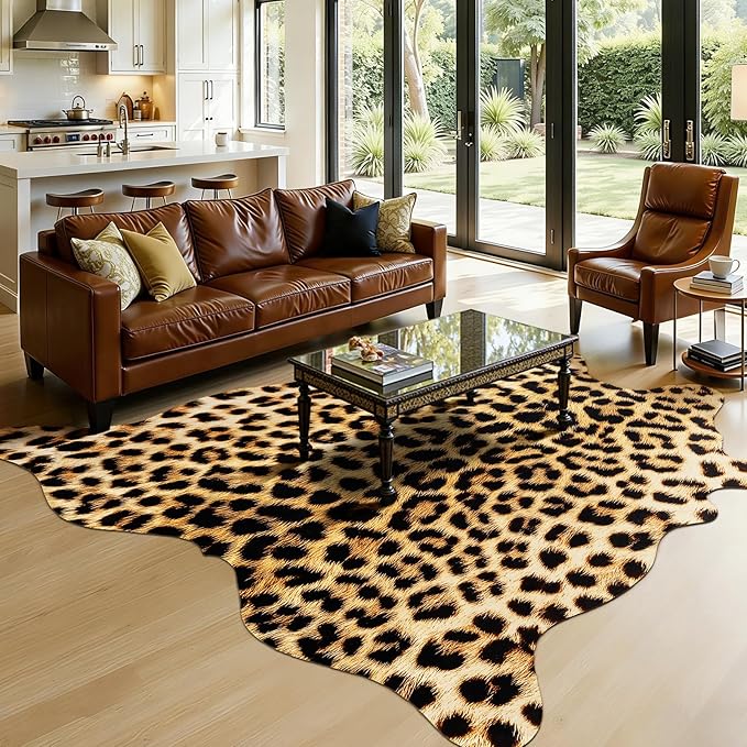 AROGAN Western Decor Faux Fur Leopard Rug, 8 x 10 Feet Premium Animal Skin Leopard Hide Rug, Sturdy Cheetah Print Rugs for Wall Decor, Western Floor Carpet for Bedroom Living Room, Black and Gold
