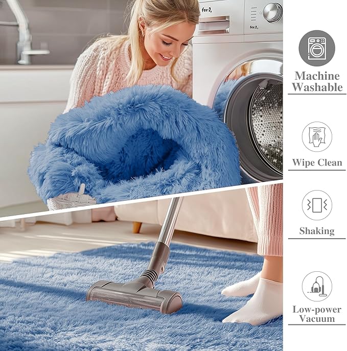 OLANLY 3x5 Machine Washable Small Bedside Rug, Soft Fluffy Shaggy Rugs for Living Room, Bedroom, Indoor Floor Carpet for Kids Girls and Boys, Preppy Dorms, Nursery, Home Decor Aesthetic, Blue