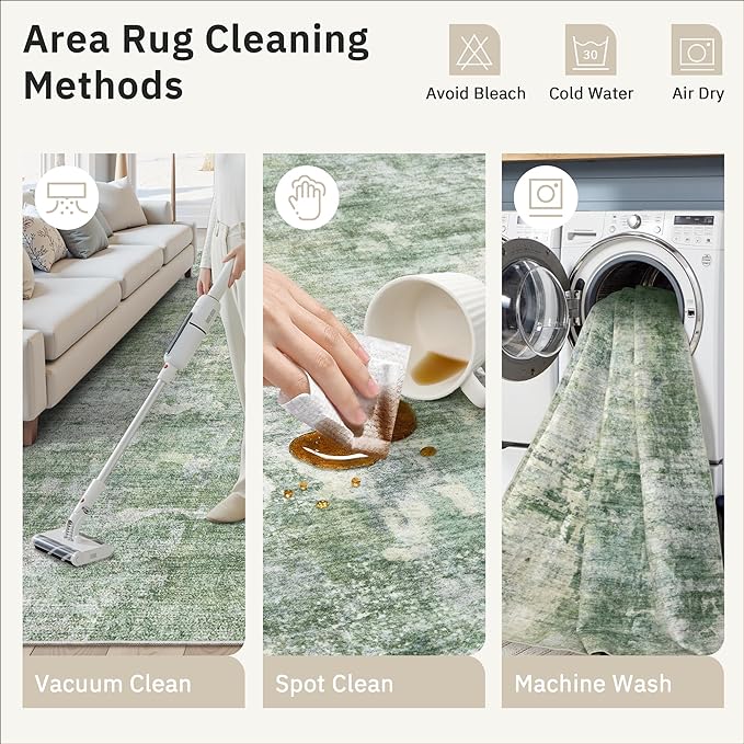 7x9 Area Rug for Living Room Washable Abstract Vintage Soft Thin Indoor Floor Non-Slip Carpet for Bedroom Dining Room Green/Ivory