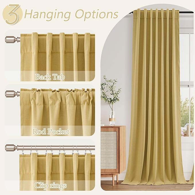Guken 100% Blackout Curtains 90 Inch Length 2 Panels Set for Living Room Bedroom Back Tab Thermal Insulated Black Out Linen Drapes Room Darkening Window Curtains 90 Inches Long,Gold