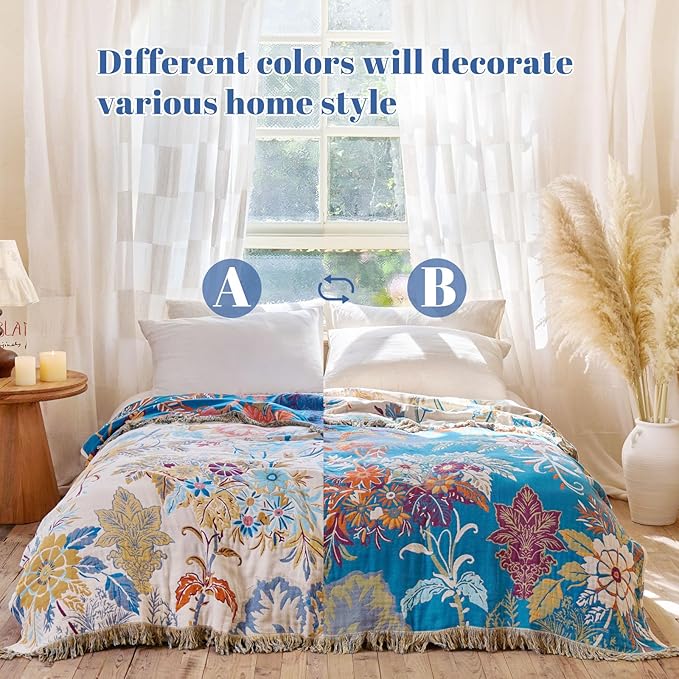 MSGKV Boho Throw Blanket for Couch Cotton Floral Blanket 50"x60" Throws for Sofa Chair Muslin Spring Breathable Lightweight Farmhouse Blankets Home Decor All Seasons